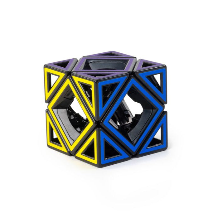 Geometric puzzle cube with black, blue, and yellow colors